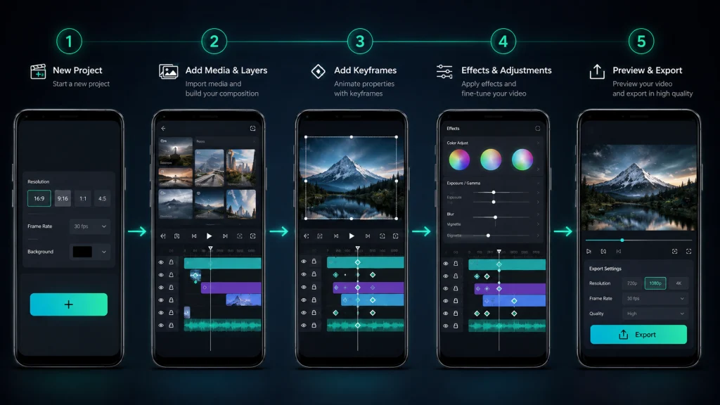 Alight Motion beginner video editing workflow with keyframes and effects
